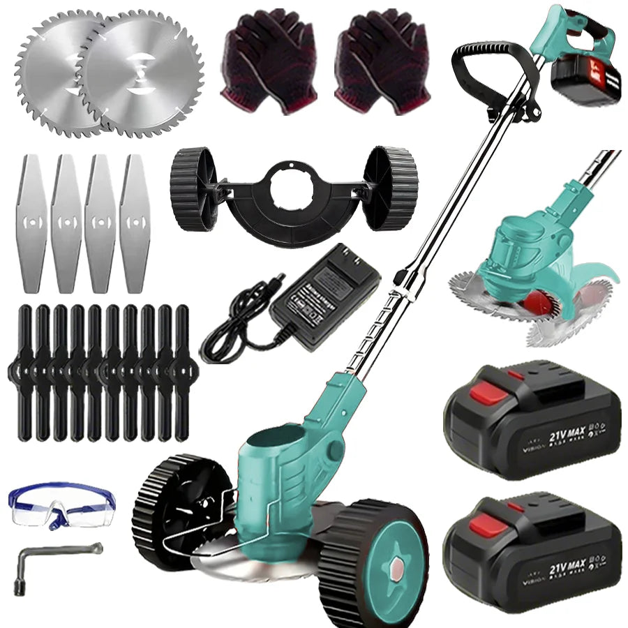 Cordless Lawn Trimmer Weed Wacker Lawn Mower Grass Edger with 2 Li-Ion Batteries Powered & 3 Cutting Blade Types