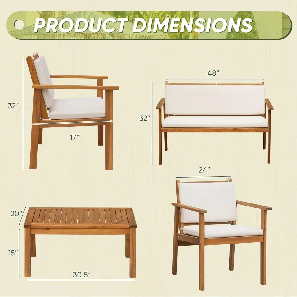 Patio Chairs 3 Piece Acacia Wood Patio Furniture with Coffee Table & Cushions Outdoor Conversation Set Balcony Chairs for Porch