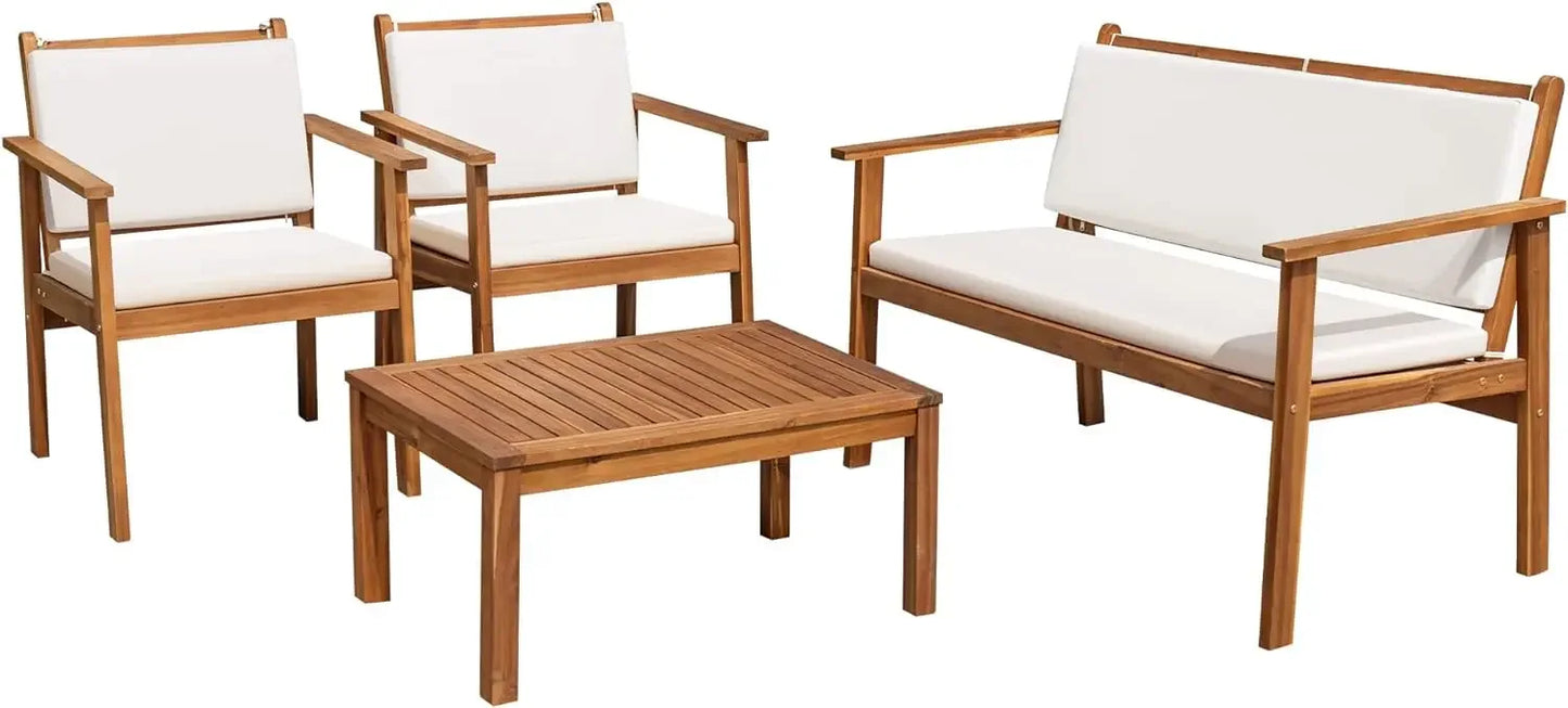 Patio Chairs 3 Piece Acacia Wood Patio Furniture with Coffee Table & Cushions Outdoor Conversation Set Balcony Chairs for Porch