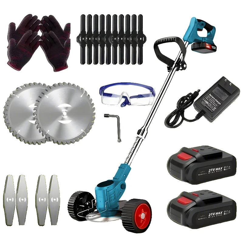 Cordless Lawn Trimmer Weed Wacker Lawn Mower Grass Edger with 2 Li-Ion Batteries Powered & 3 Cutting Blade Types